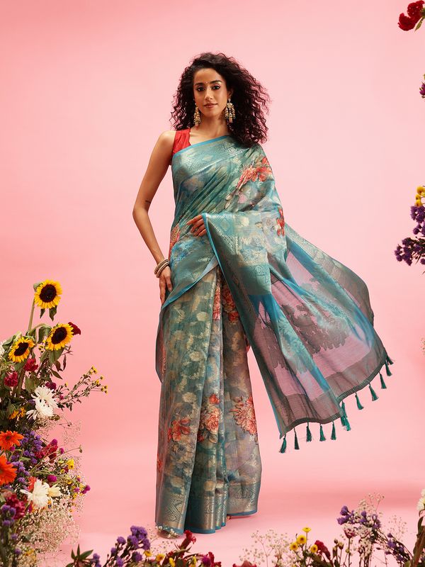 Teal Digital Printed Banarasi Cotton Zari Woven Saree