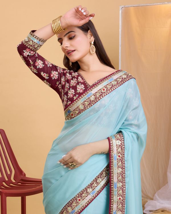 Sky Blue Heavy Embroidery Work Lace & Blouse Organza Saree