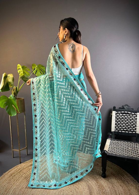 Blue Foil Thread Embroidery & Stone Work Butterfly Net Saree