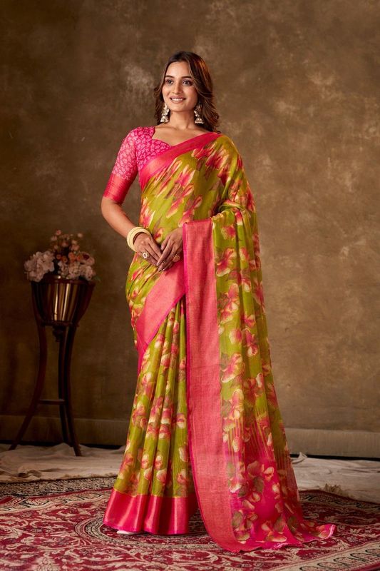 Light Green Cotton Printed Saree and Stitched Pink Blouse
