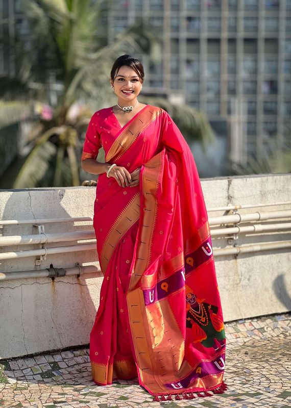 Pink Wevon Paithani Vitthala Designer Soft Silk Saree