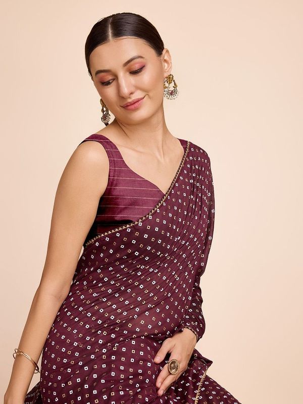 Wine Weaving Designer & Bandhani Printed Faux Cotton Saree