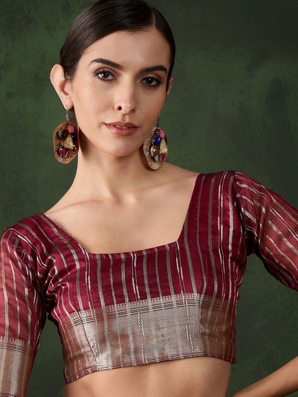 Maroon Wevon Jacquard Designer Khadi Organza Saree