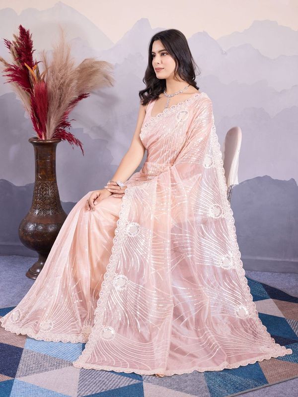 Peach Designer Sequance Embroidery Work Twill Net Saree