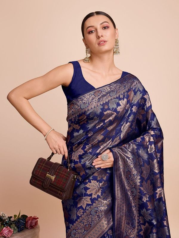 Nevy Blue Weaving Copper Jari Designer Handloom Silk Saree