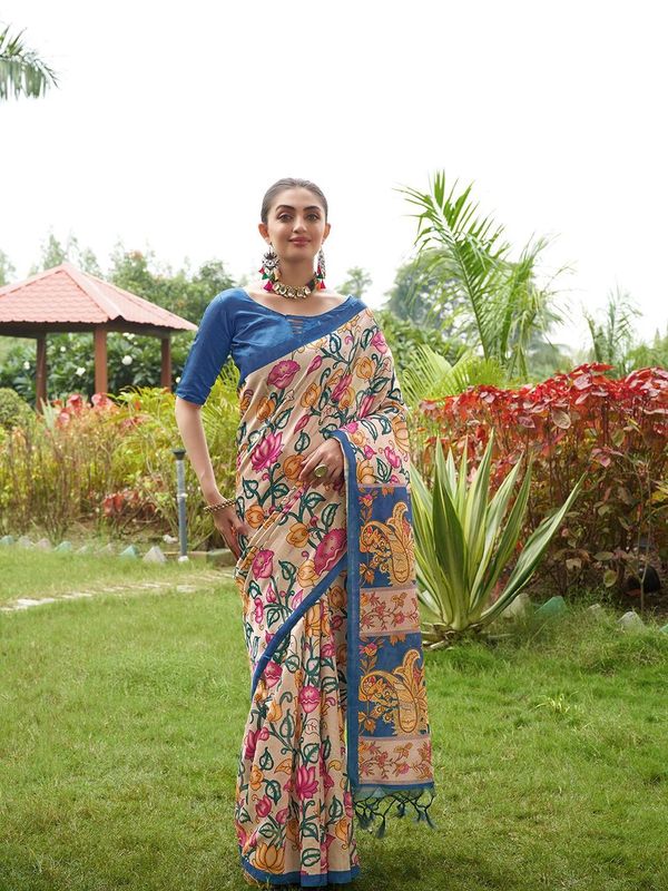 Blue Designer Kalamkari Printed Tussar Silk Saree