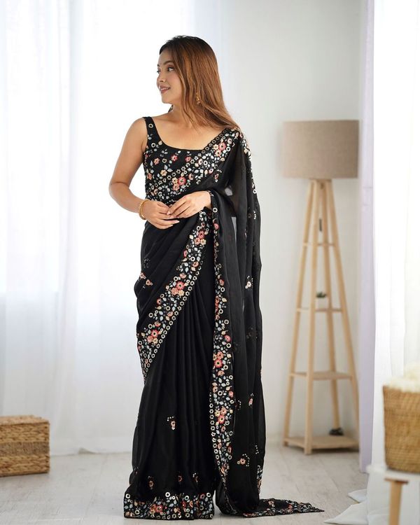 Black Multy Thread & Sequance Embroidery Work Satin Chiffon Saree