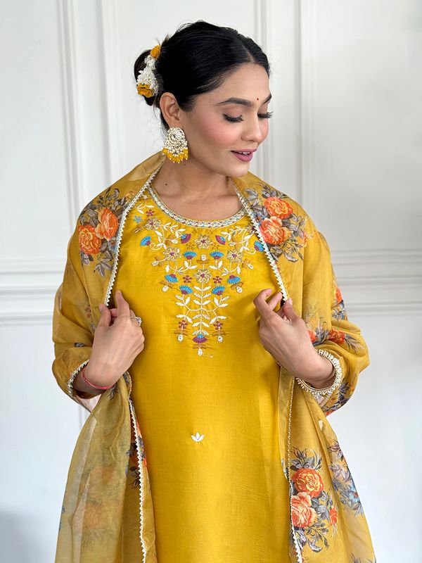 Mustard Embroidered Kurta Sets