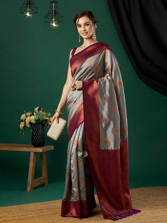 Grey Banarasi Silk Woven Saree With Tassels on Pallu and Stitched Wine Blouse