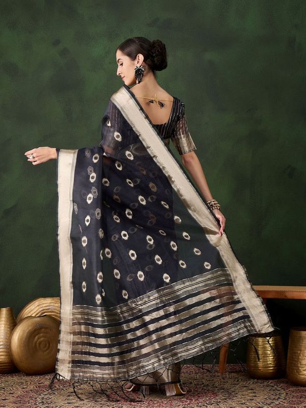 Nevy Blue Wevon Jacquard Designer Khadi Organza Saree