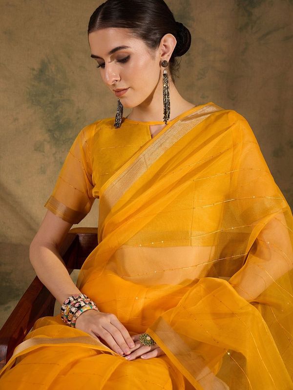 Yellow Wevon Jari Pallu Border Designer & Sequance Lining Work Organza Silk Saree