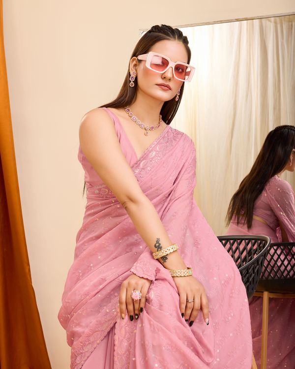 Pink Designer Sequance Embroidery Work Georgette Saree
