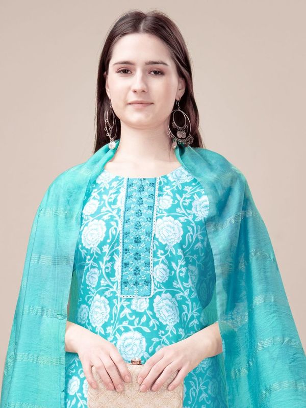 Sky Blue Color Rayon Fabric Designer Printed Readymade Suits With Smart Embroidery Work