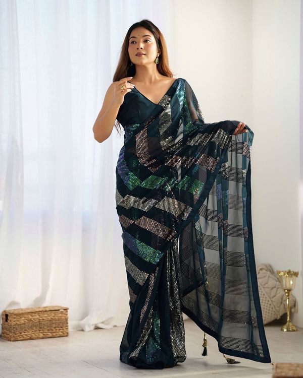 Teal Blue Designer Sequance Embroidery Work Georgette Saree