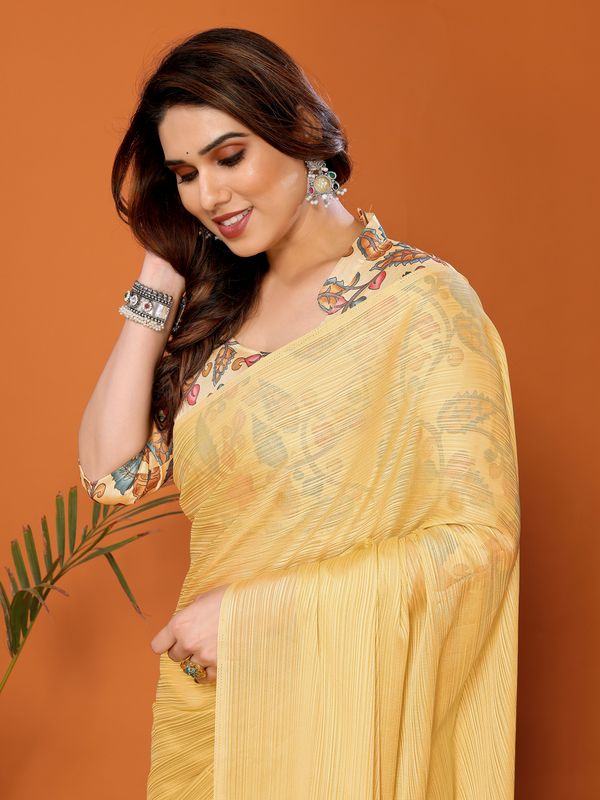 Yellow Solid & Digital Printed Blouse Polyester Zari Saree