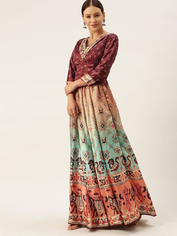 Ethnic Motifs Digital Print Shiney Satin Croptop Lehenga Choli With Blouse For Women and Girls