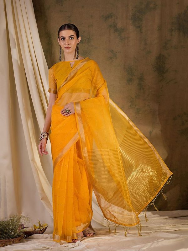Yellow Wevon Jari Pallu Border Designer & Sequance Lining Work Organza Silk Saree