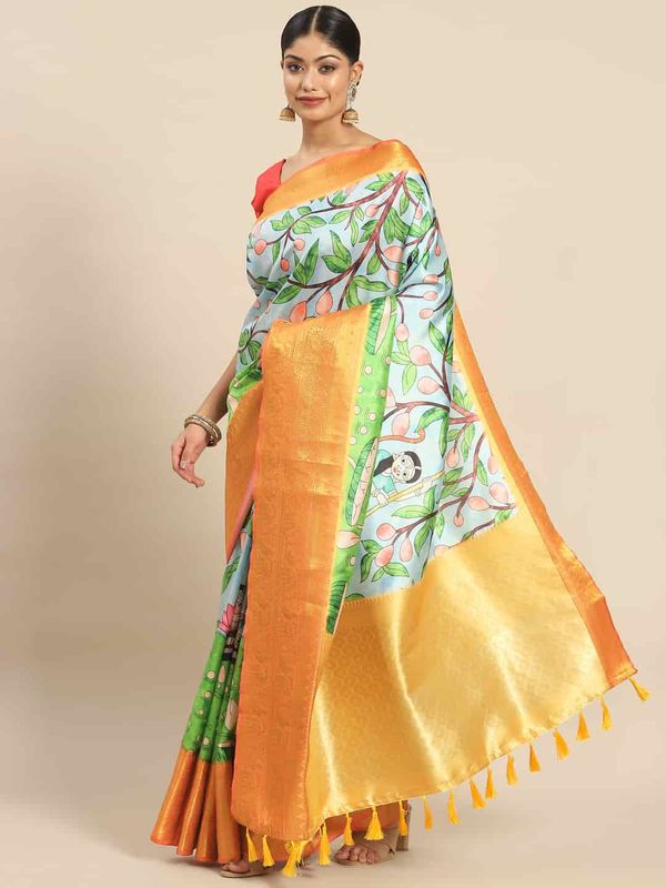 Turquoise Blue Women's Kanjeewaram Digital Printed Saree