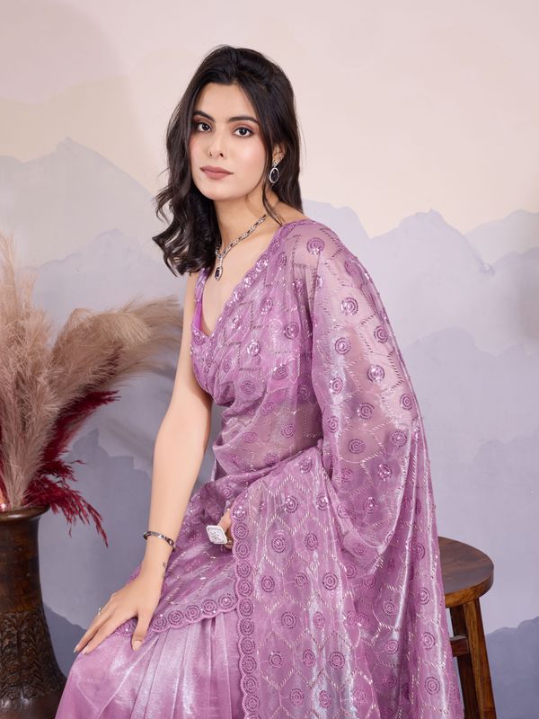 Purple Twill Net Designer Sequins Embroidery Work Glamorous Partywear Saree