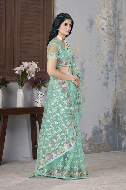 Sea Green Foil Thread & Aari Dori Embroidery Work Butterfly Net Saree