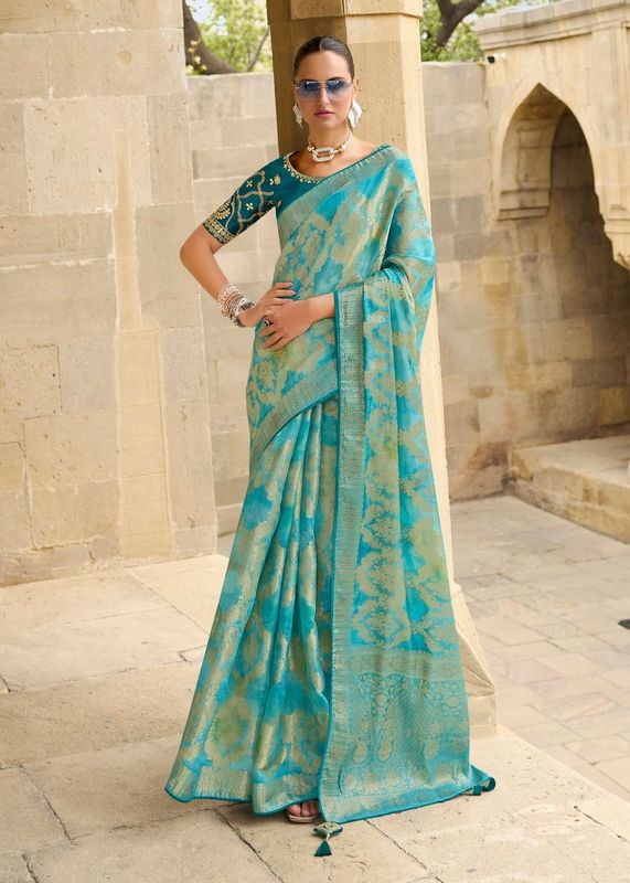 Sea Green Wevon Designer & Embroidery Work Jacquard Silk Saree