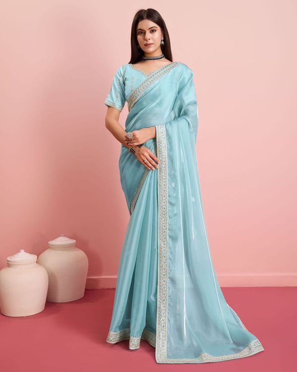 Sky Blue Embroidery Work Lace Blouse Jimmy Choo Saree