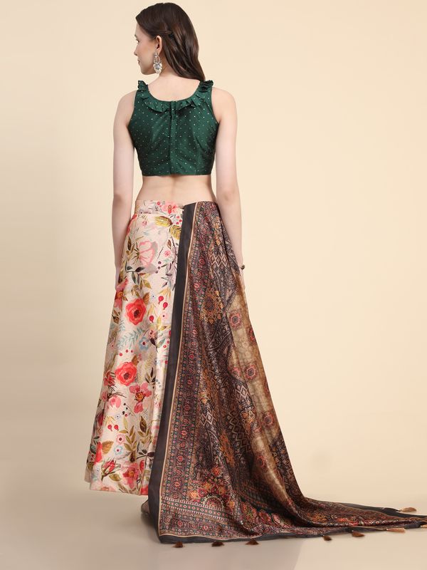Digital Print Satin Silk Fabric Stitched Lehenga Choli With Jequared Blouse and Assami Silk Thread Work Dupatta For Women and Girls In Festive Party And Traditional Wear