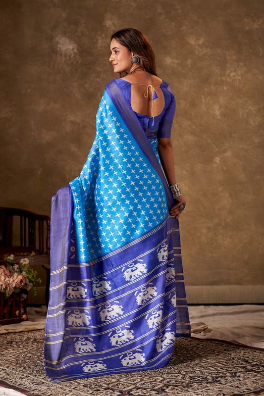 Sky Blue Cotton Printed Saree and Stitched Dark Blue Blouse