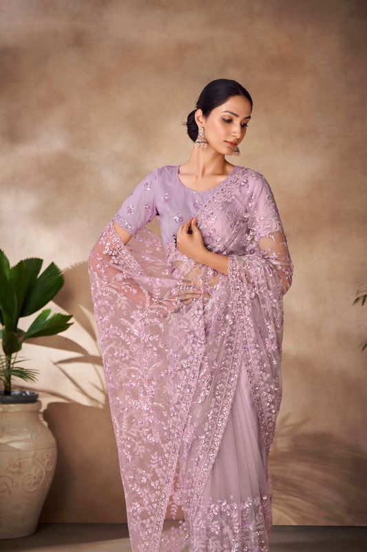 Lilac Thread & Sequance Embroidery & Zarkan Work Net Saree