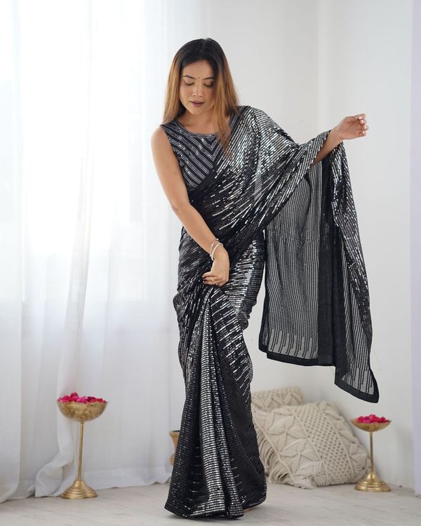 Black Designer Sequance Embroidery Work Georgette Saree