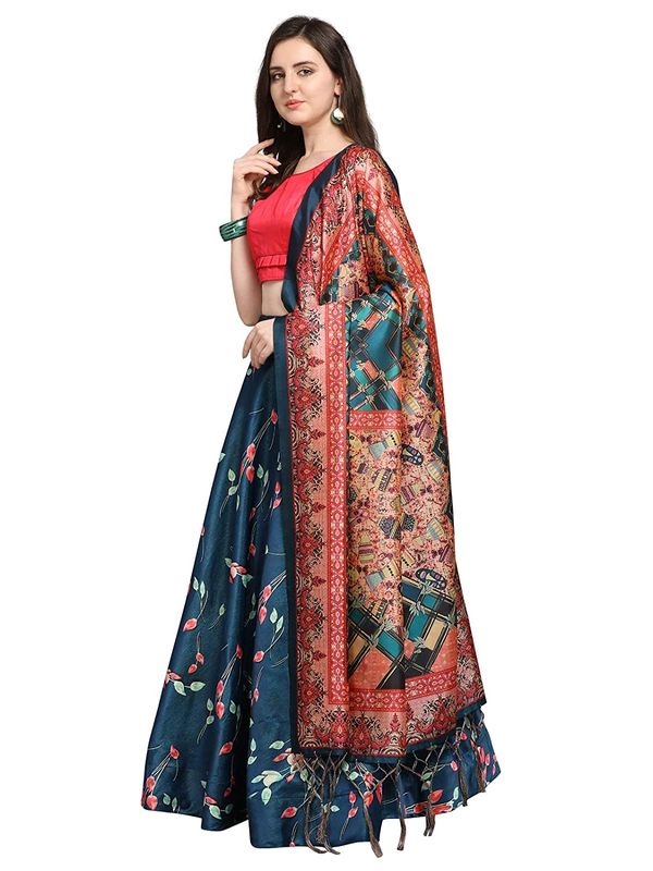 Bandhni Patola Type Digital Print Shiney Satin Croptop Lehenga Choli With Blouse For Women and Girls