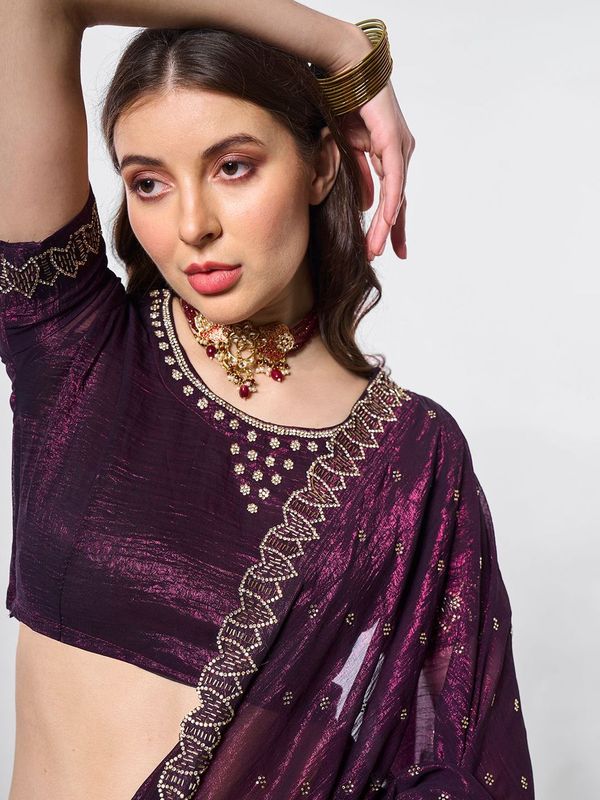 Wine Designer Embroidery Work Crunchy Chiffon Saree