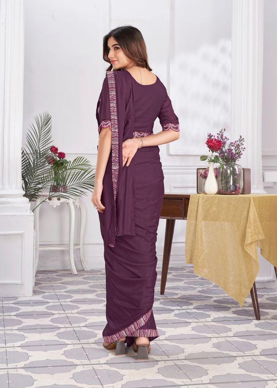 Wine Designer Sequance Embroidery & Hand Work Shimmer Georgette Saree