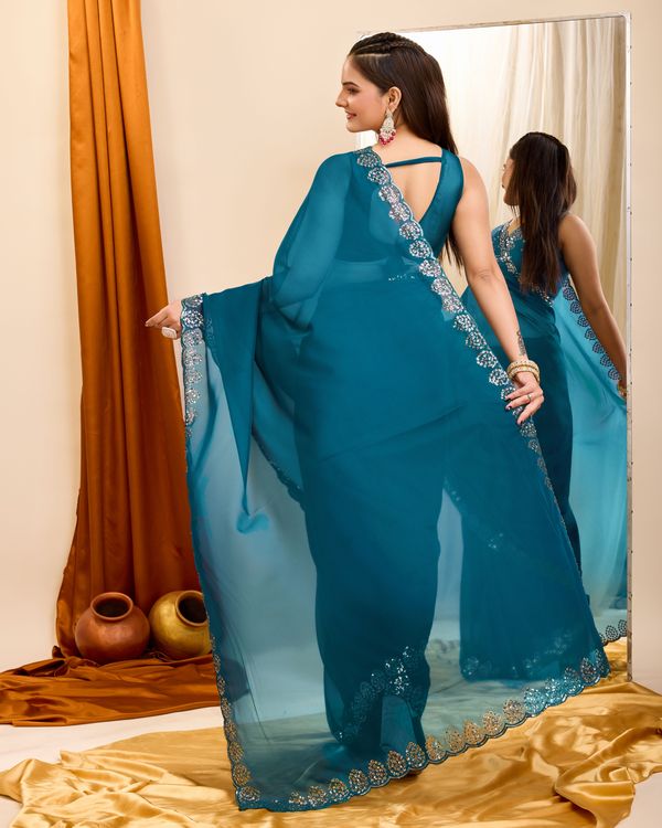 Teal Blue Designer Sequance Embroidery Work Georgette Saree