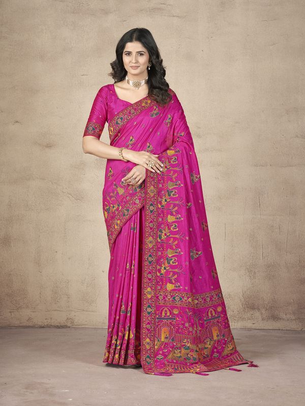 Magenta Wevon Thread & Jari Designer & Hand Work Pashmina Silk Saree