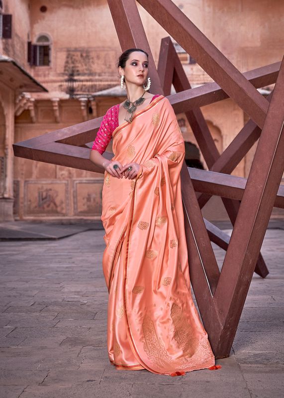 Orange Weaving jari Designer Satin Silk Saree