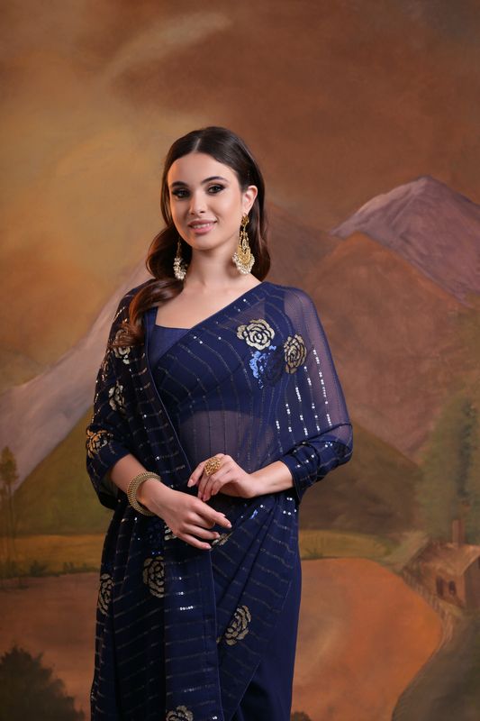 Blue Designer Sequance Embroidery Work Georgette Saree