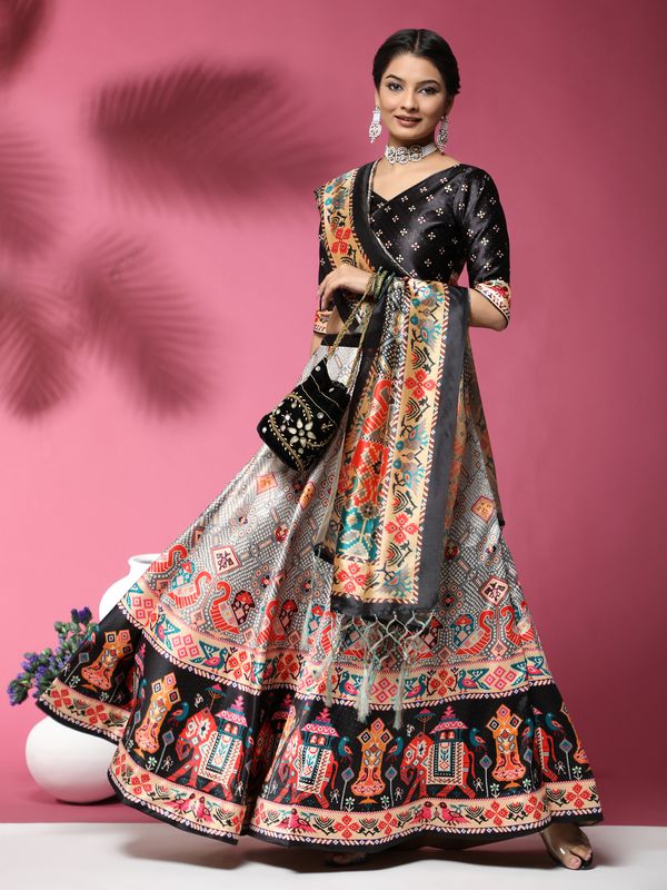 Digital Print Satin Silk Fabric Stitched Lehenga Choli With Jequared Blouse and Assami Silk Thread Work Dupatta For Women and Girls In Festive Party And Traditional Wear