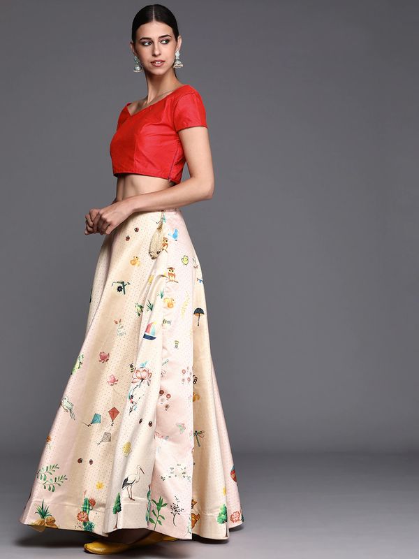 Ajarakh Digital Print Shiney Satin Stitched Lehenga Choli With Unstitched Multi Sequnce Work Blouse and Shiney Silk Dupatta For Women and Girls