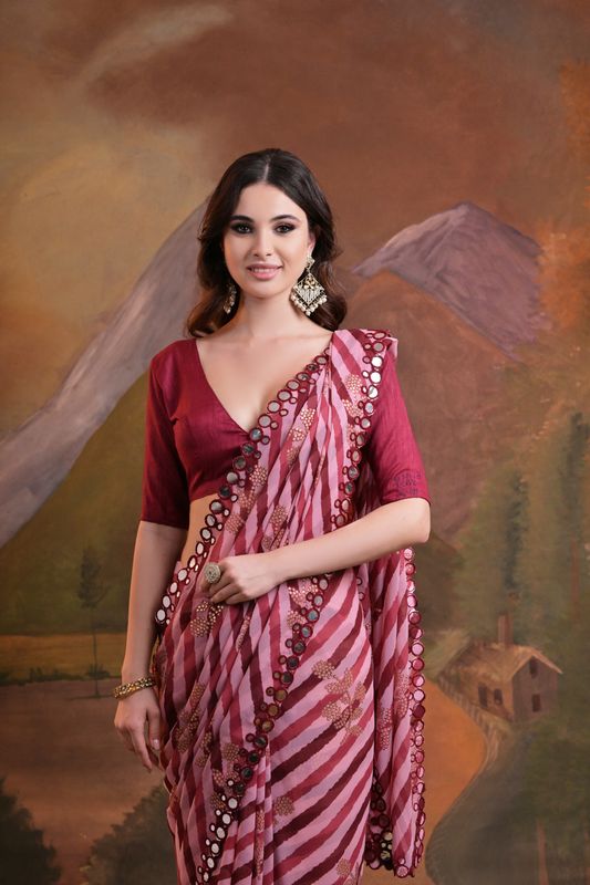 Maroon Laheriya Printed & Foil & Mirror Work Georgette Saree
