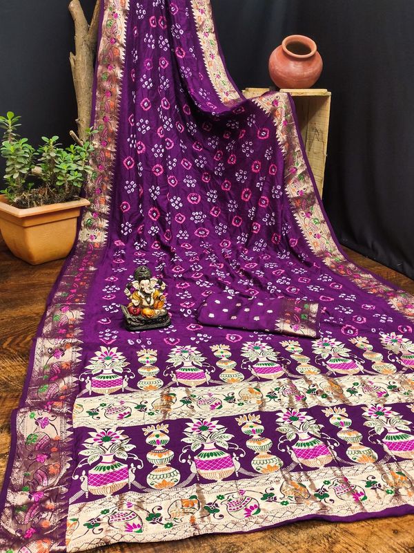 Purple Wevon Matka Border & Pallu Designer & Bandhej Hand Printed Dola Silk Saree