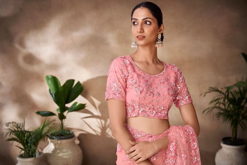 Peach Thread & Sequance Embroidery & Zarkan Work Net Saree