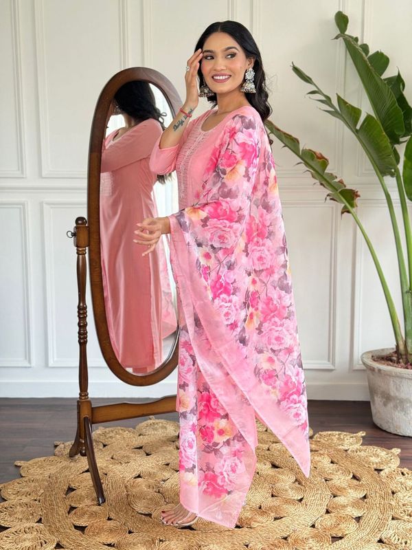 Women Embroidered Straight Kurta with Pant And Printed Dupatta Sets
