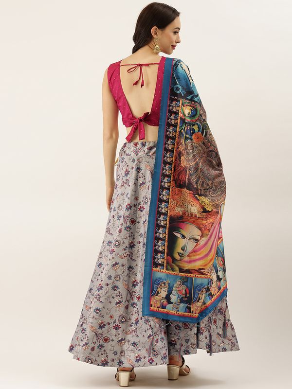 Digital Print Satin Silk Fabric Stitched Lehenga Choli With Jequared Blouse and Assami Silk Thread Work Dupatta For Women and Girls In Festive Party And Traditional Wear