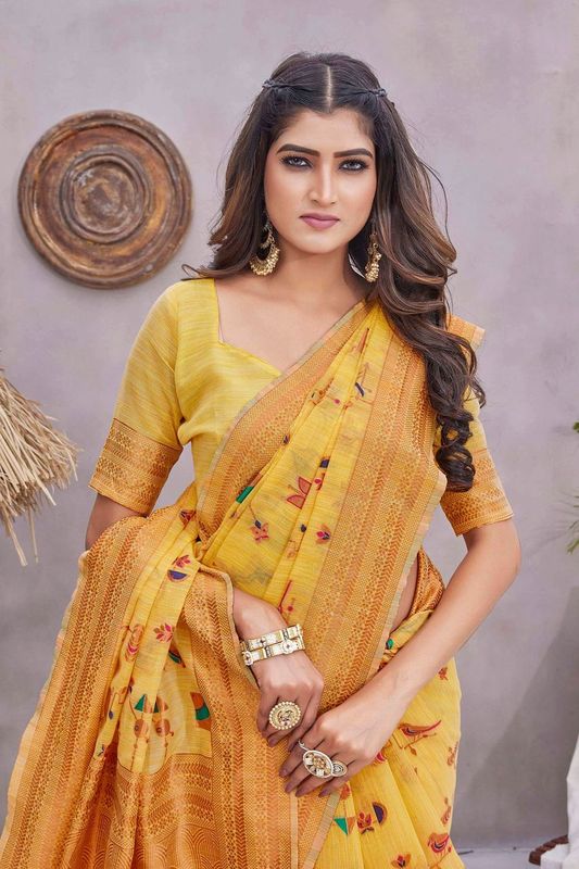 Yellow Color Wevon Jacquard Designer Linen Fabric Graceful Saree