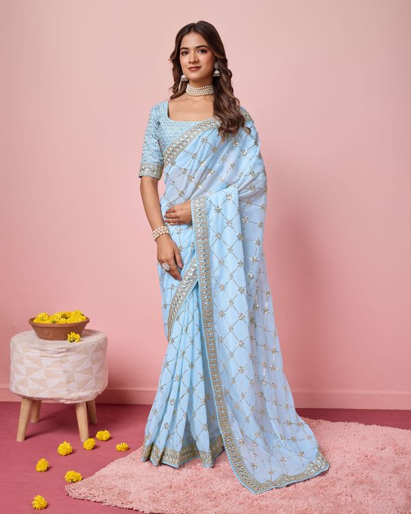Sky Blue Designer Coding & Sequance Embroidery Work Georgette Saree