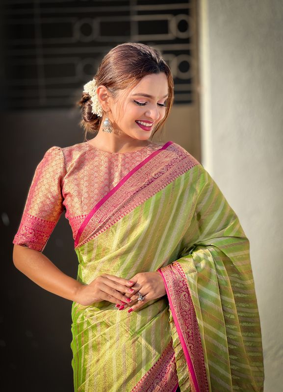 Green Wevon Laheriya Designer Jari Tissue Saree
