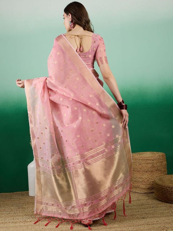 Pink Wevon Jacquard Designer Khadi Organza Saree