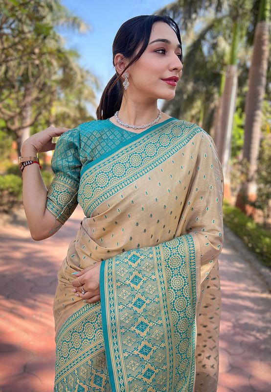 Beige Tissue Silk Weaving Jari Designer Ethnic Traditional Saree