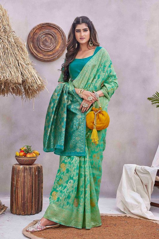 Rama Color Glamorous Wevon Jacquard Designer Silk Blend Wedding Season Saree